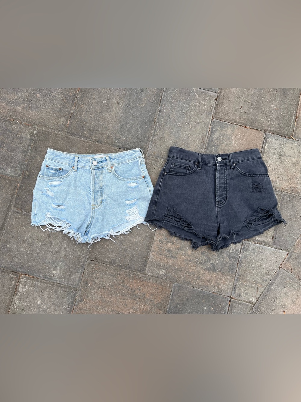 Lot of 2 PacSun High-Waisted Distressed Denim Shorts, Light Wash & Faded Black S